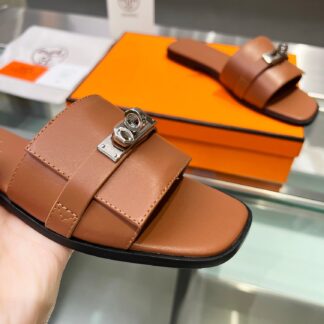 Hermès early spring new brown handmade leather slippers