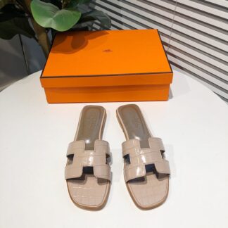 Hermès summer classic versatile crocodile pattern pink apricot flat slippers