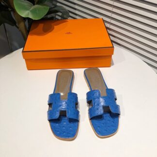 Hermès summer classic versatile crocodile pattern dark blue flat slippers