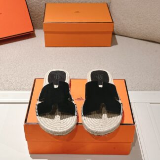 Hermès black spring and summer comfortable and fashionable straw slippers