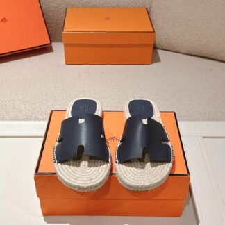 Hermes dark blue spring and summer comfortable and fashionable straw slippers