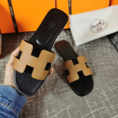 Hermes black and brown handmade slippers