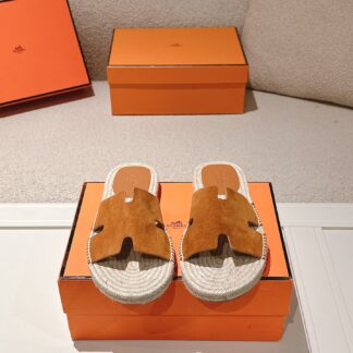 Hermès latest spring and summer dark brown refreshing and comfortable straw slippers