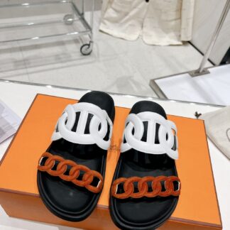 Hermes white brown spring and summer new leather slippers