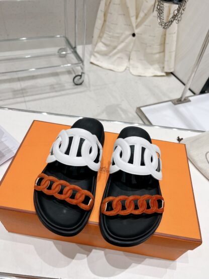 Hermes white brown spring and summer new leather slippers