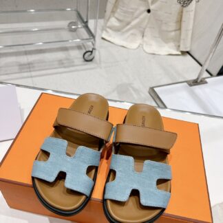Hermes brown blue spring and summer new leather slippers