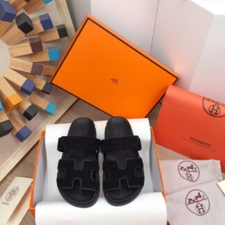 Hermès black spring and summer new leather slippers