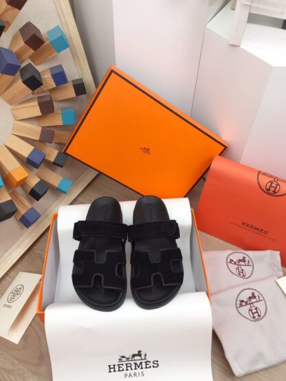 Hermès black spring and summer new leather slippers