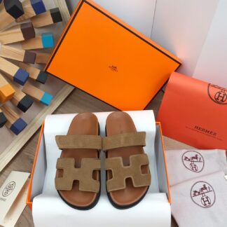 Hermès brown new spring and summer leather slippers