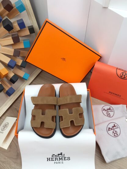 Hermès brown new spring and summer leather slippers