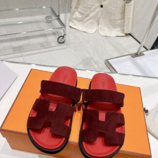 Hermès new deep red spring and summer leather slippers