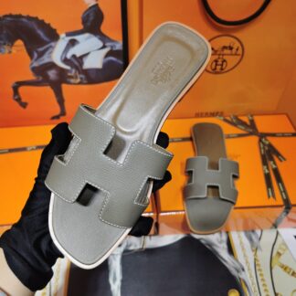 Hermès dark grey palm print cowhide handmade slippers