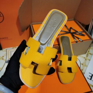 Hermès Large Yellow Palm Pattern Cowhide Handmade Slippers