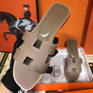 Hermès Grey Apricot Palm Pattern Cowhide Handmade Slippers