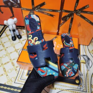 Hermès dark blue plain fabric slippers