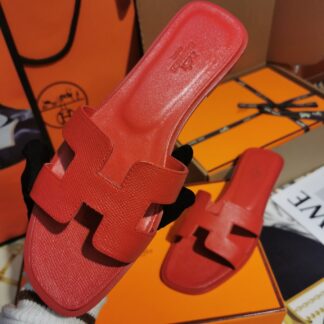 Hermès red and orange palm print cowhide handmade slippers