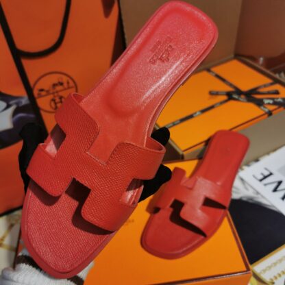 Hermès red and orange palm print cowhide handmade slippers