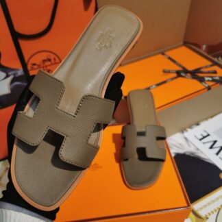 Hermès Elephant Grey Palm Pattern Cowhide Handmade Slippers