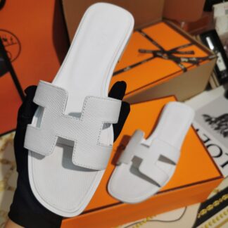 Hermès white palm pattern cowhide handmade slippers