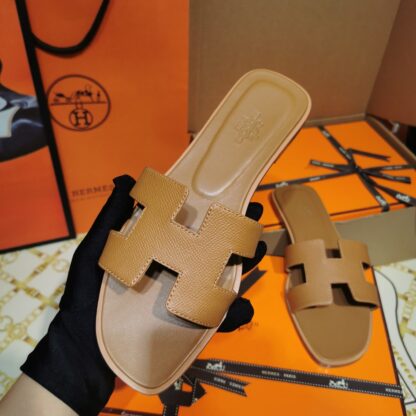 Hermès Palm Pattern Cowhide Brown Handmade Slippers