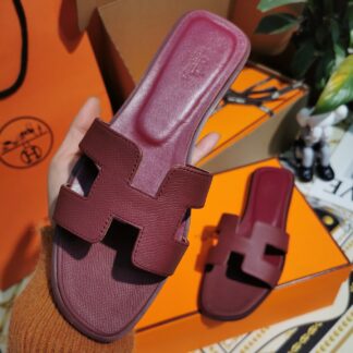 Hermès dark red palm print cowhide handmade slippers