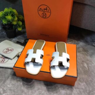Hermès palm print white leather handmade slippers