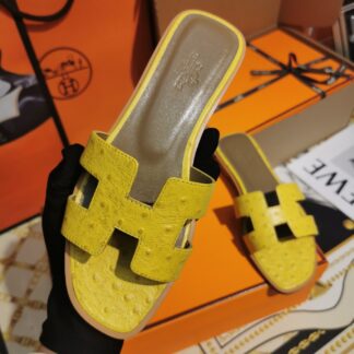 Hermès yellow ostrich pattern leather handmade slippers