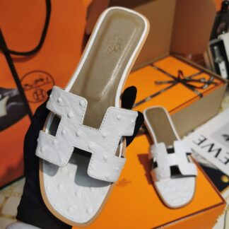 Hermès white ostrich leather handmade slippers