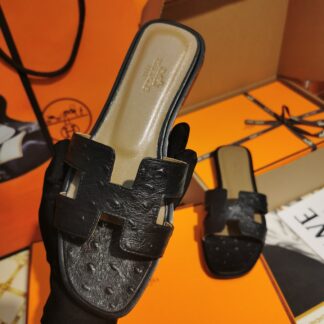 Hermès black ostrich leather handmade slippers
