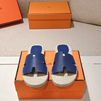 Hermès latest spring and summer dark blue refreshing and comfortable straw slippers