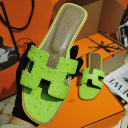Hermès light green ostrich pattern leather handmade slippers