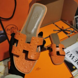 Hermès orange ostrich leather handmade slippers