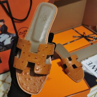 Hermès orange brown ostrich pattern leather handmade slippers