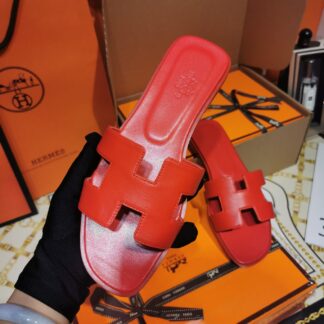 Hermes bright red handmade slippers