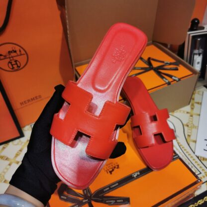 Hermes bright red handmade slippers