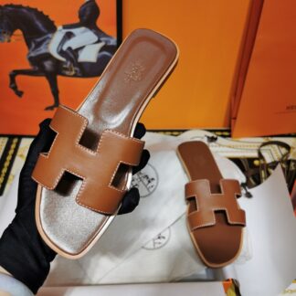Hermès red brown plain handmade slippers