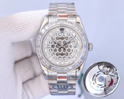 The Rolex square diamond bezel features a hollowed-out diamond-encrusted design