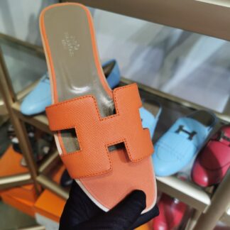 Hermès Palm Pattern Orange Leather Slippers