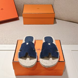 Hermes Spring and Summer Dark Blue Fashionable and Comfortable Straw Slippers