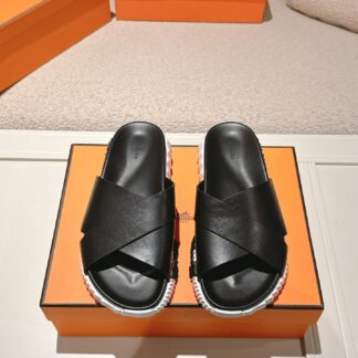 Hermes black and white comfortable casual style cross-slippers
