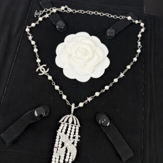Chanel Silver Bird Full Diamond Pearl Necklace