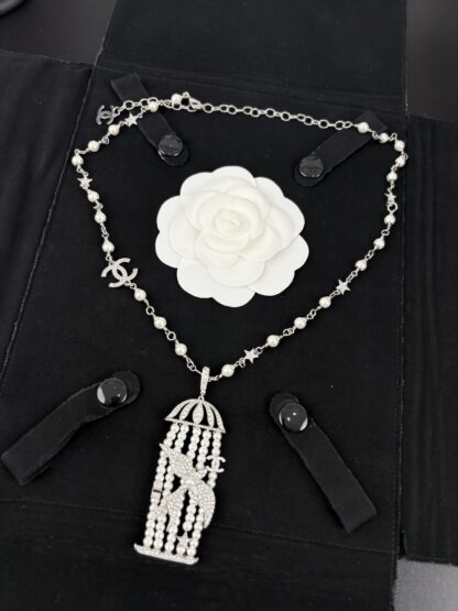 Chanel Silver Bird Full Diamond Pearl Necklace
