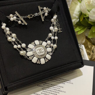 Chanel white enamel full diamond double C rhinestone rudder sunflower three-layer pearl chain necklace