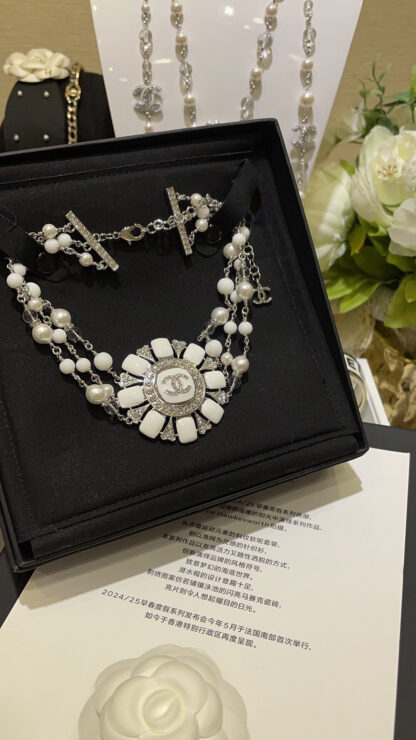 Chanel white enamel full diamond double C rhinestone rudder sunflower three-layer pearl chain necklace