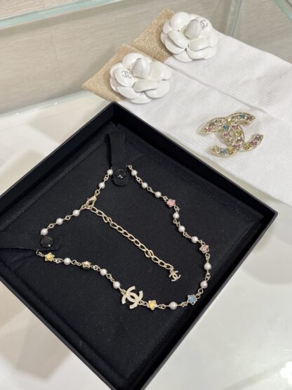 Chanel Colored Crystal Star Gold Diamond Double C Pearl Necklace