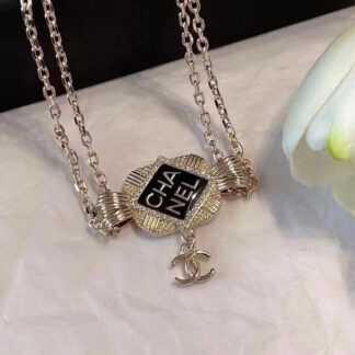 Chanel square drop oil black letter necklace