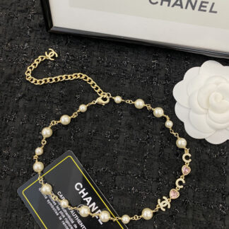 Chanel Pink Heart Letter Pearl Choer Necklace