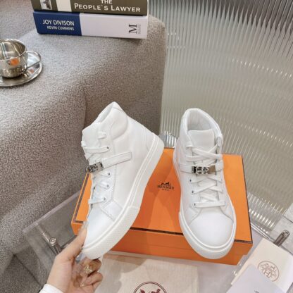 Hermes Kelly buckle pure white high top casual shoes - Image 2