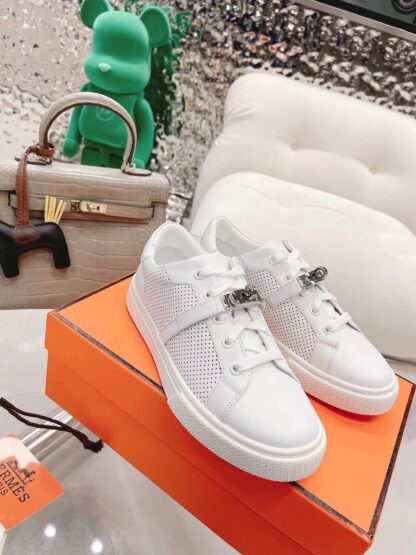 Hermes white latest kelly shoe buckle classic flat casual shoes - Image 2