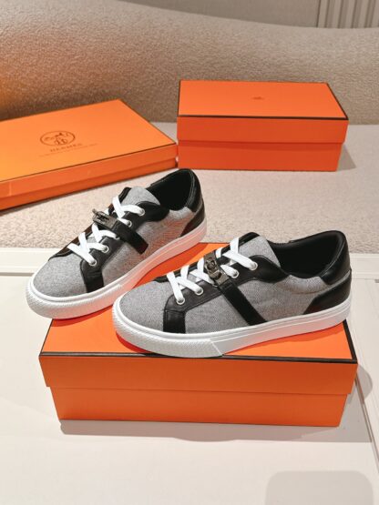 Hermes black and white gray latest kelly shoe buckle classic flat casual shoes - Image 2